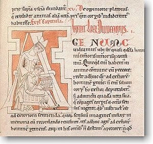 Augustinus Trinittstraktat, Initiale A, Augustinus und Schreiber, 12. Buch, Codex 14, fol. 125 V