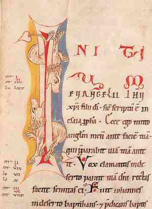 Frowin Bibel Bd. 3, Initiale mit Lwen, Evangelistensymbol Markus, Codex 5, fol. 135R