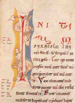 Frowin Bibel Bd. 3, Initiale mit Lwen, Evangelistensymbol Markus, Codex 5, fol. 135R